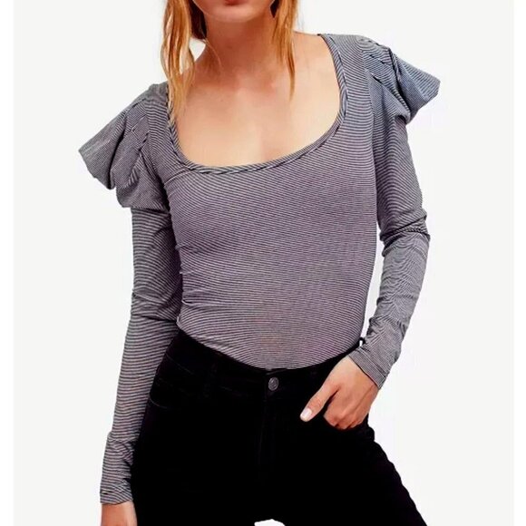 NWT Free People Pinstripe Puff Long Sleeves Top - Picture 1 of 12